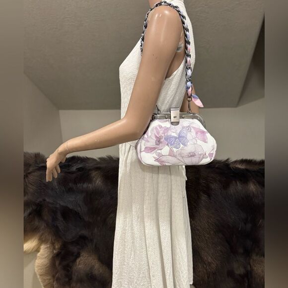 Butterfly Print Cowhide Leather Handmade Rivet Frame Push Lock Multi Use Handbag - Picture 2 of 16